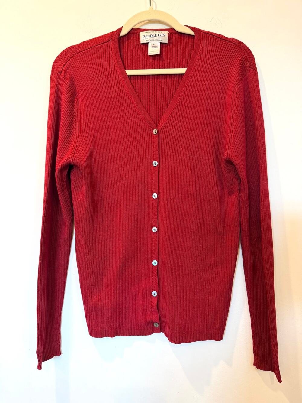 Vtg Pendelton 100% silk v neck sweater ribbed cardigan L red cottagecore capsule